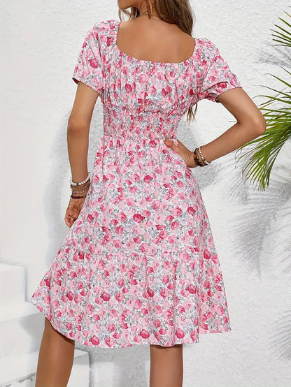 Olivia floral print holiday dress with front knot detail and square neckline