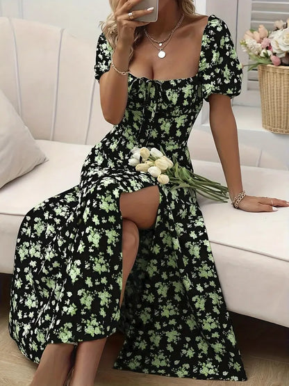 Ava floral print a-line dress with puff sleeves for spring and summer