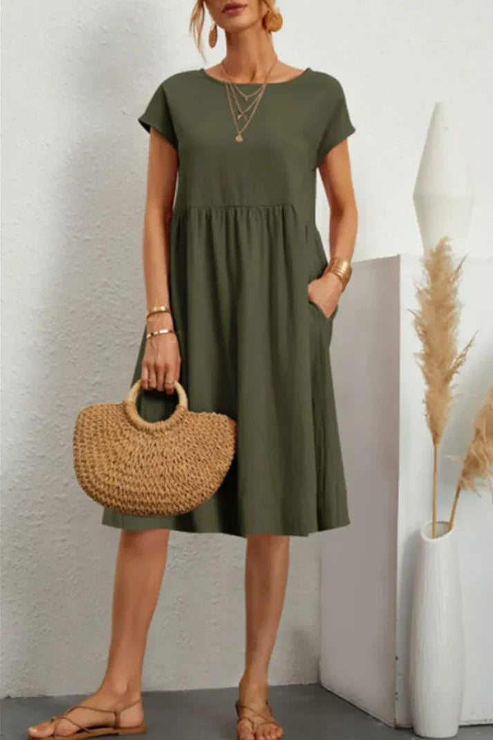 Melanie - plain-colored, casual dress with short sleeves and a round neckline