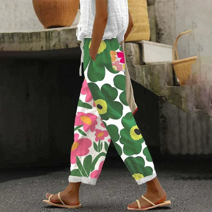 Pamela - green trousers with fresh floral print