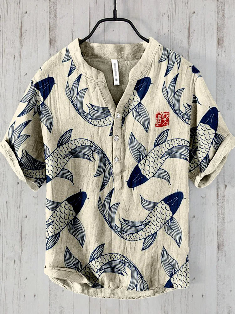 Osamu - vintage fish Japanese art linen blend shirt