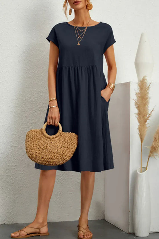 Melanie - plain-colored, casual dress with short sleeves and a round neckline