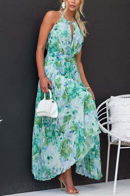 Forecast - pleated mid-length dress with a cutout neckline and a floral pattern