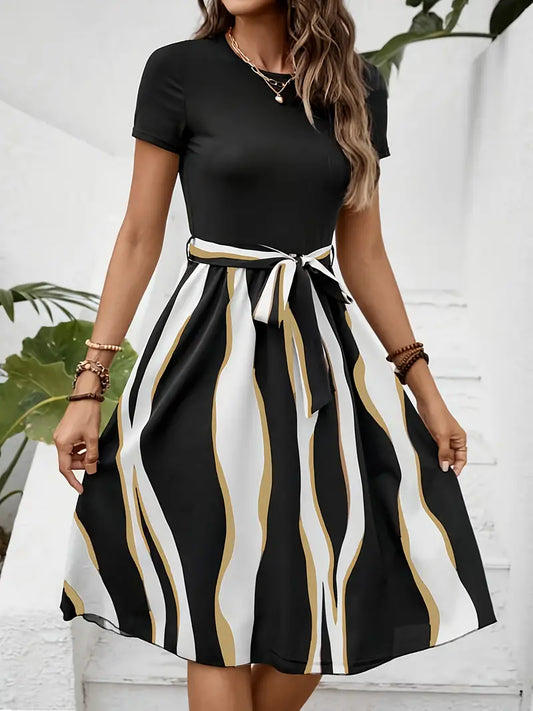 Samantha – Dress with striped print and tie waist for spring and summer