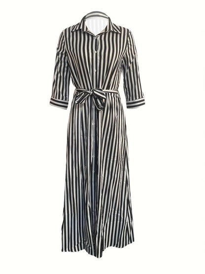 Aria – maxi dress with striped print and button front