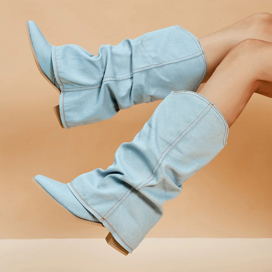 Franjes - folded denim boots with block heel