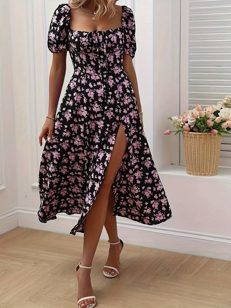 Ava split hem floral a-line dress for spring