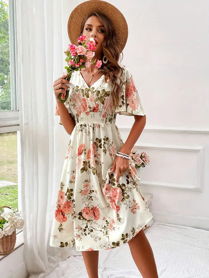 Abigail – dress with v-neck and floral print for summer