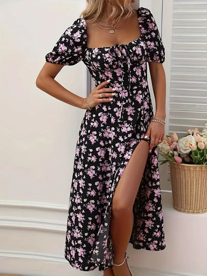 Ava floral print a-line dress with puff sleeves for spring and summer