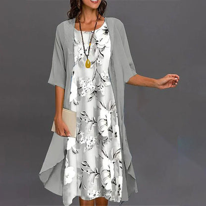 Emma gray printed midi dress with outerwear