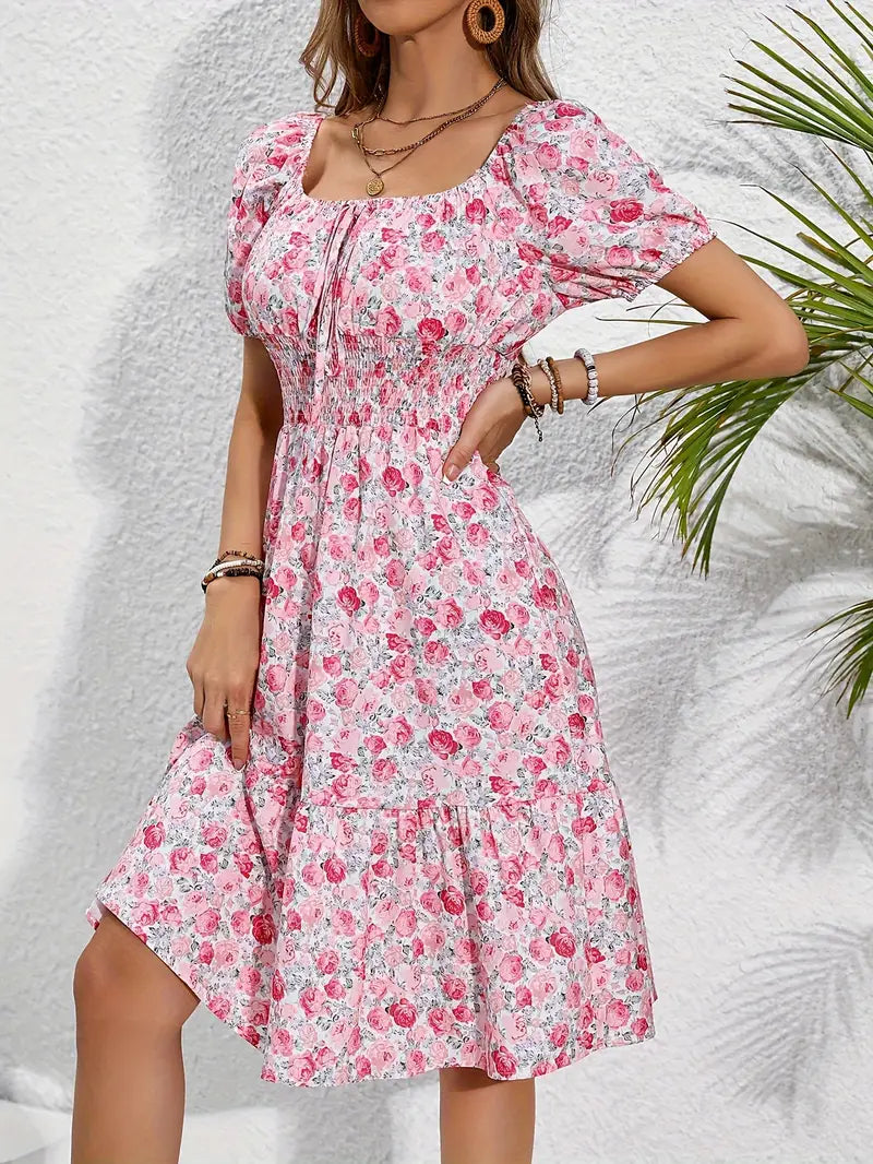 Olivia floral print holiday dress with front knot detail and square neckline