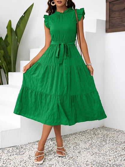 Nora – dress with belt and ruffled hem at the neckline