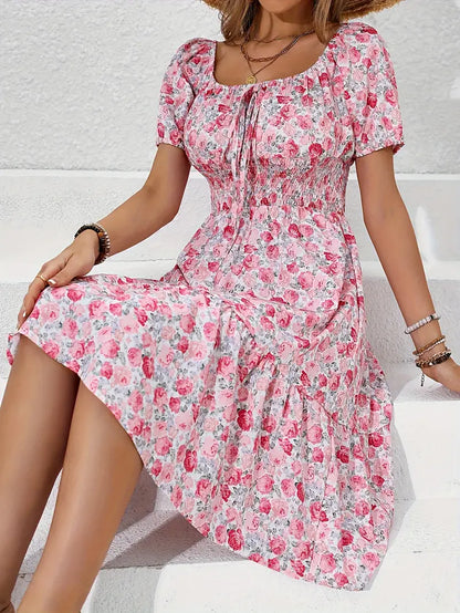 Olivia floral print holiday dress with front knot detail and square neckline