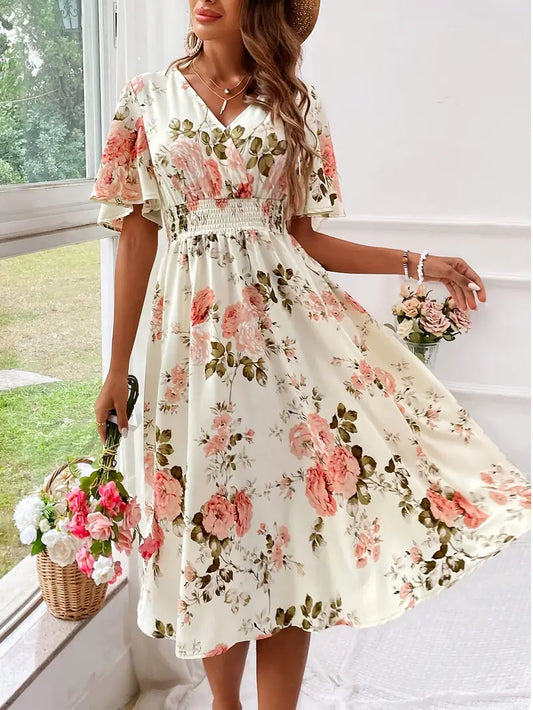 Abigail – dress with v-neck and floral print for summer