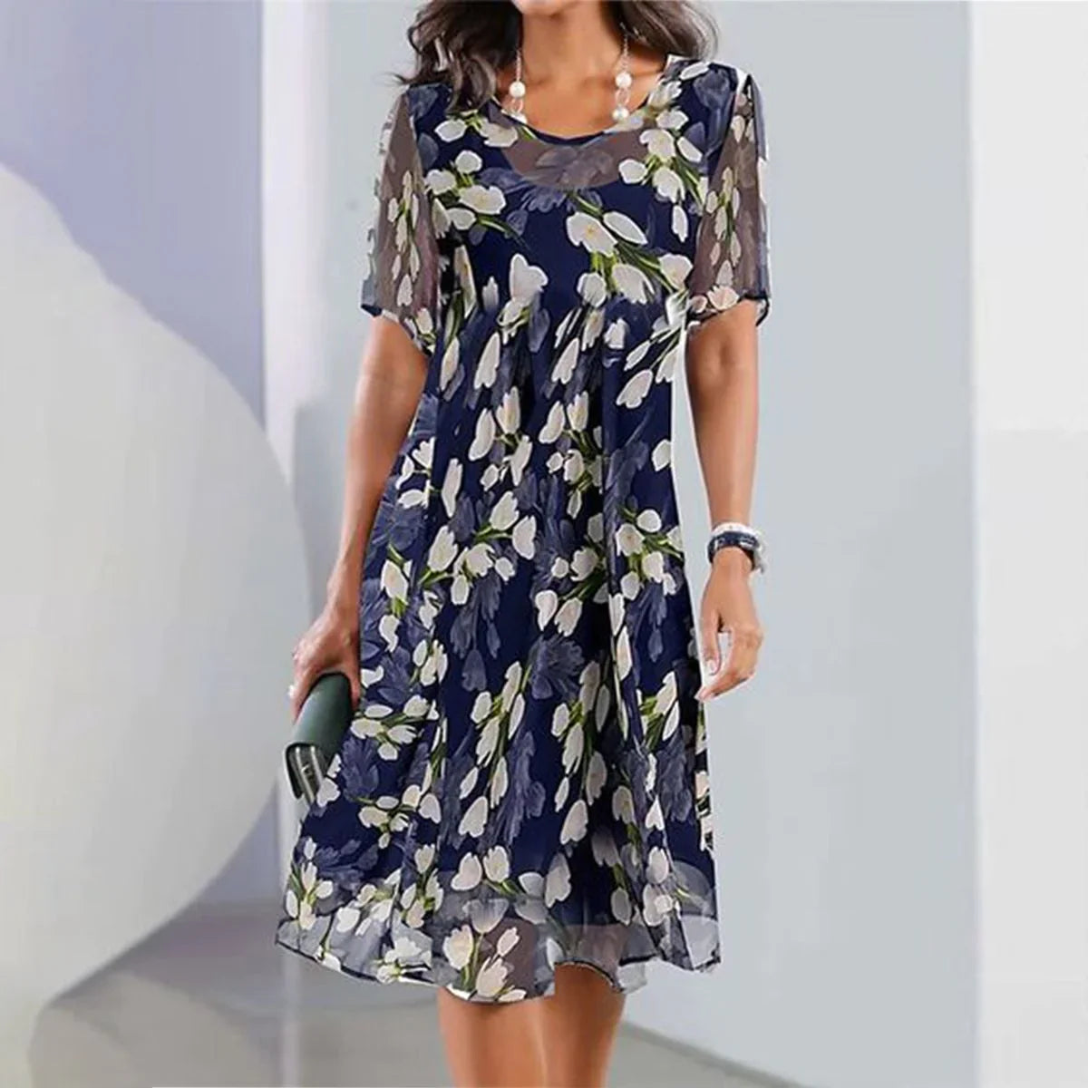 Mia - short sleeve plant print midi dress