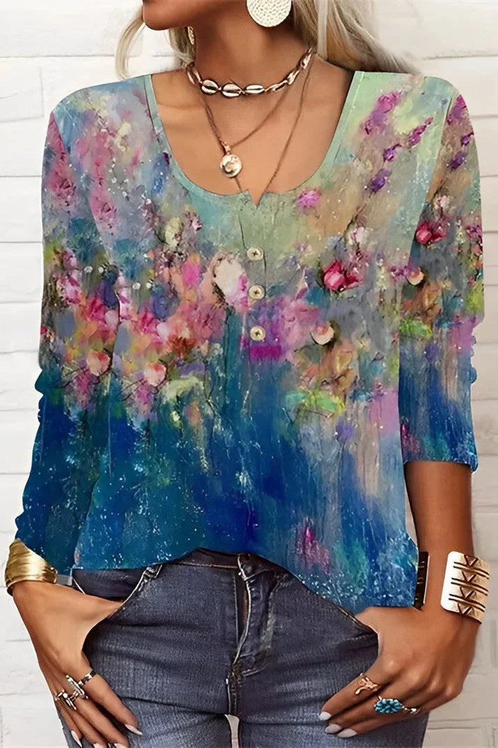 Casual long sleeve floral print t-shirt with crew neck and long sleeves