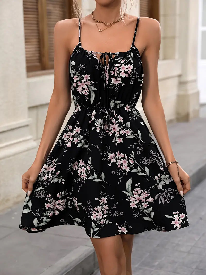 Isabella floral print holiday dress with narrow waist and spaghetti straps