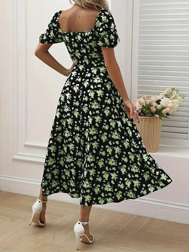 Ava floral print a-line dress with puff sleeves for spring and summer