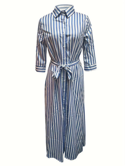 Aria – maxi dress with striped print and button front