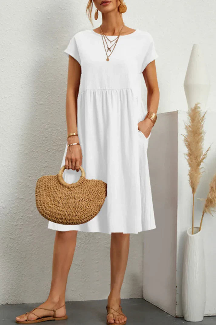 Melanie - plain-colored, casual dress with short sleeves and a round neckline