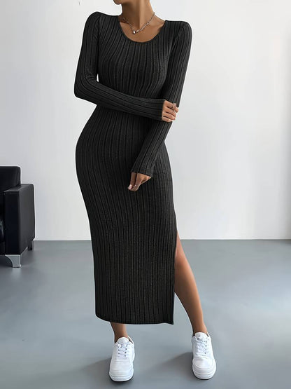 Ivy - solid ribbed crew neck long sleeve dress