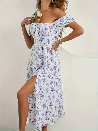 Ava floral print a-line dress with puff sleeves for spring and summer