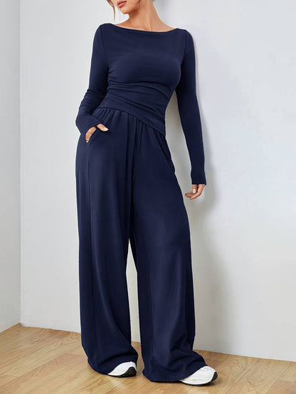 Mia – solid, casual set of long sleeve shirt and wide leg trousers