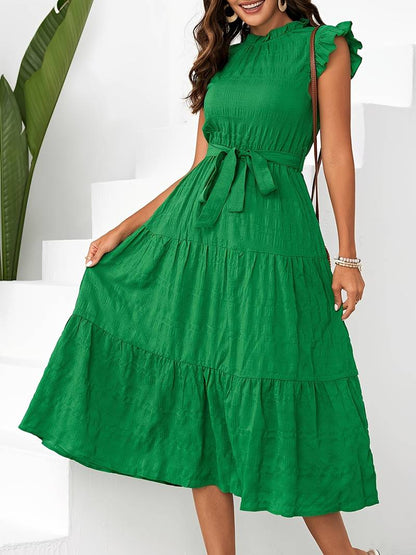 Nora – dress with belt and ruffled hem at the neckline