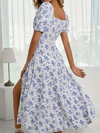 Ava floral print a-line dress with puff sleeves for spring and summer