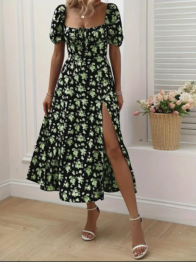 Ava floral print a-line dress with puff sleeves for spring and summer