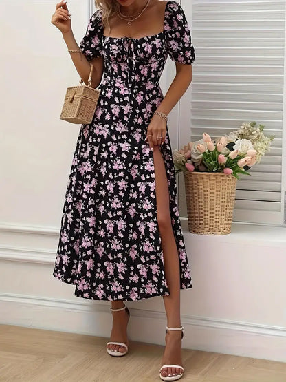 Ava floral print a-line dress with puff sleeves for spring and summer