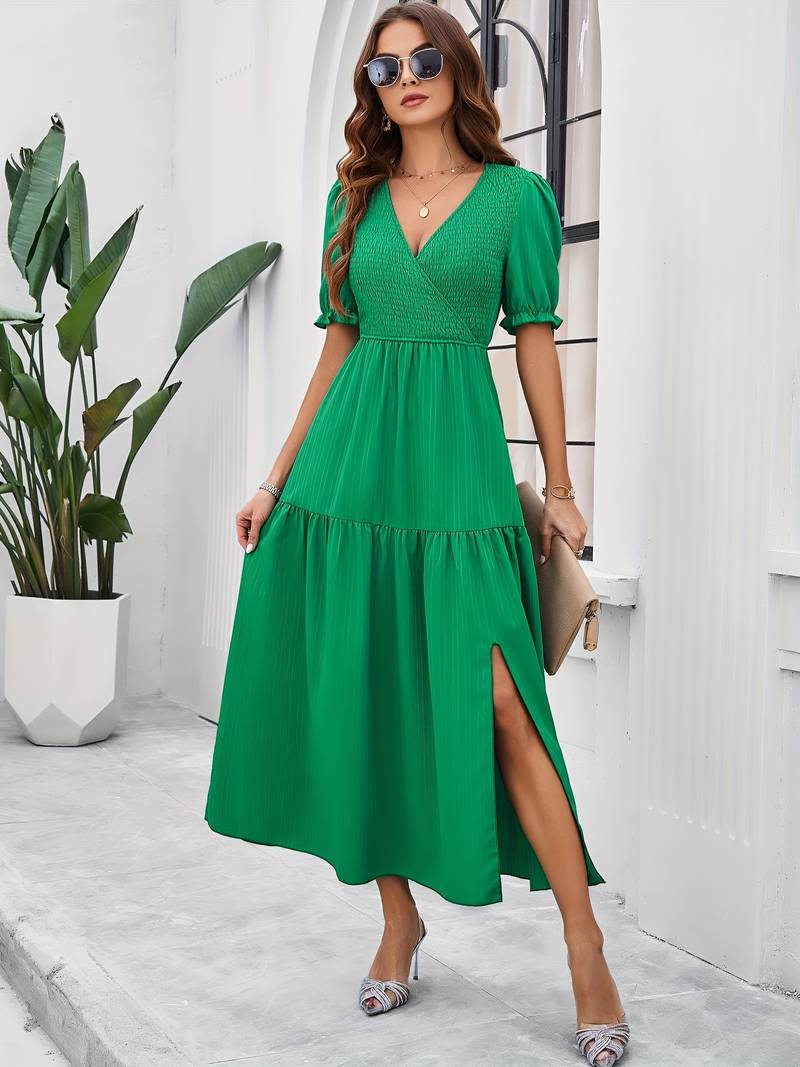 Fiona - shirred v-neck split hem dress