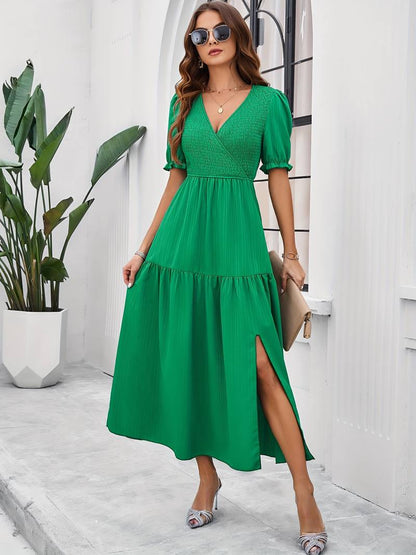 Fiona - shirred v-neck split hem dress