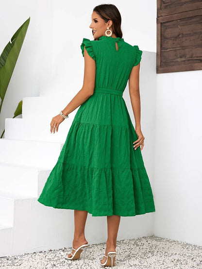 Nora – dress with belt and ruffled hem at the neckline