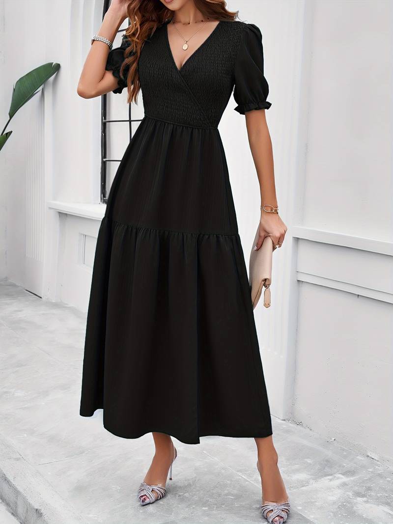 Fiona - shirred v-neck split hem dress