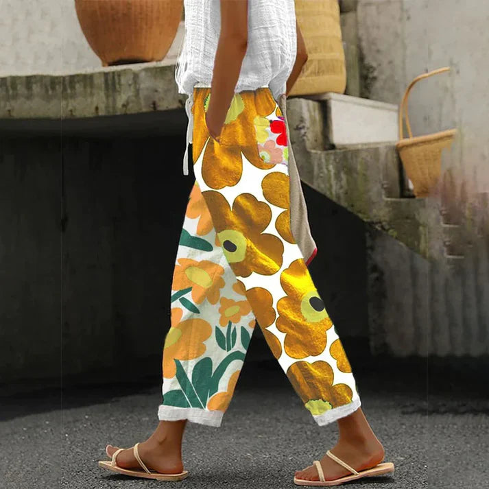 Pamela - green trousers with fresh floral print