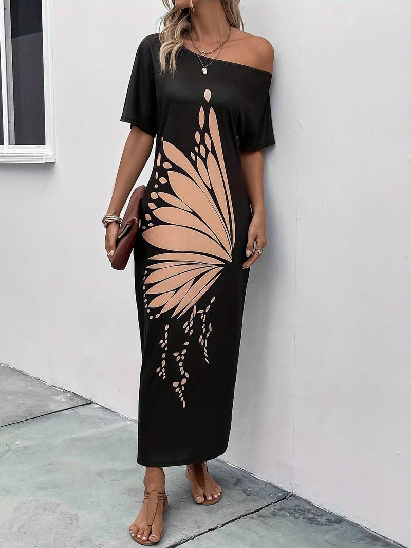 Sophia – dress with slanted shoulders and butterfly print