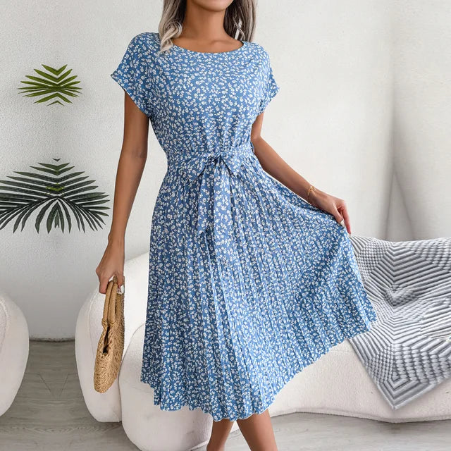 Clara – blue summer dress with floral pattern