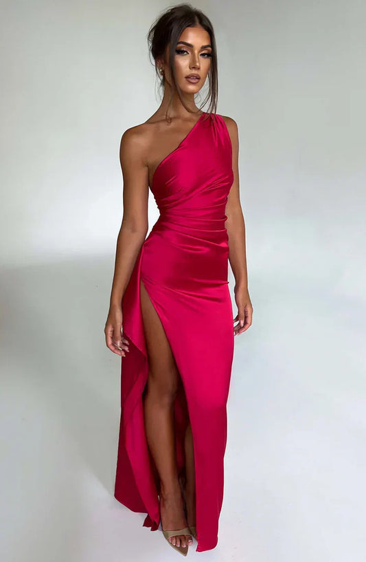 Pleated satin - dress with a shoulder slit