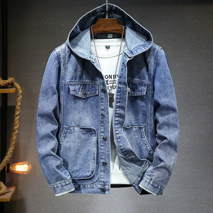 Men's denim jacket with a hood in vintage style