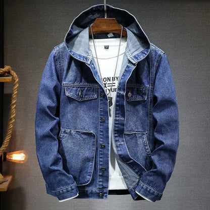 Men's denim jacket with a hood in vintage style