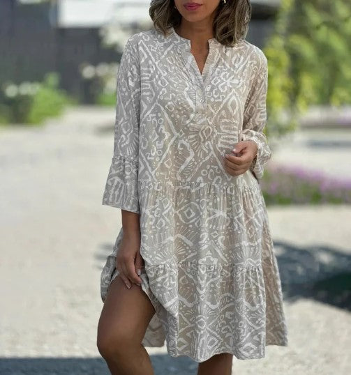 Ava - ethnic graphic print band collar boho dress