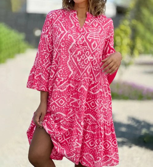 Ava - ethnic graphic print band collar boho dress