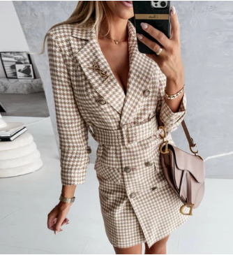 Zoe belted double breasted checked blazer dress