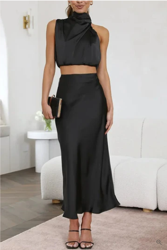 Charlotte sleeveless two-piece satin maxi dress with irregular collar