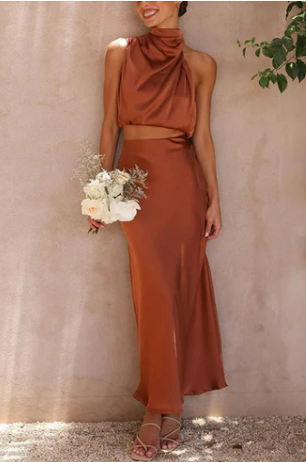 Charlotte sleeveless two-piece satin maxi dress with irregular collar