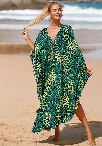 Isabella - boho dresses with bat sleeves and cheetah print