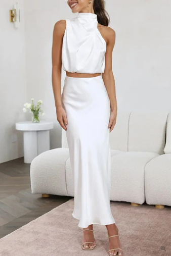 Charlotte sleeveless two-piece satin maxi dress with irregular collar