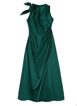 Victoria – ruffle maxi dress for women in green satin