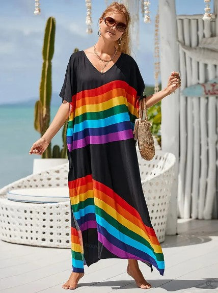 Evelyn - long boho dress with graphic rainbow print